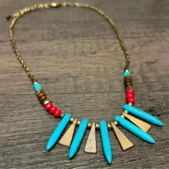 Boho Beaded Turquoise Bronze Red and Wooden Beads Necklace - Picture 1 of 3